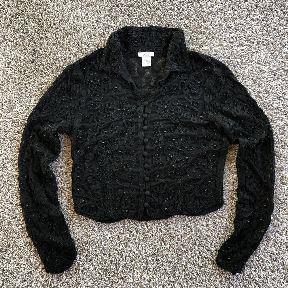 Vintage Cache Bolero Top Womens Large Black Beaded Sheer Lace Cropped Cardigan